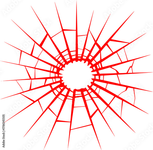 Red Shattered Glass Effect with Radial Cracks on White Background