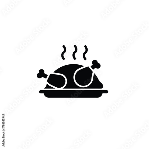 Black icon of roasted chicken on a platter with steam