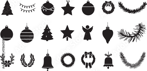 Christmas holiday festive decorations, ornaments, trees, wreaths, stars, bells icons Vector,Christmas decoration icon set