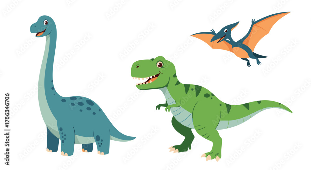 Obraz premium Collection of cheerful cartoon dinosaurs, including a mighty Tyrannosaurus Rex, a gentle Brontosaurus, and a soaring Pterodactyl, from the ancient past.