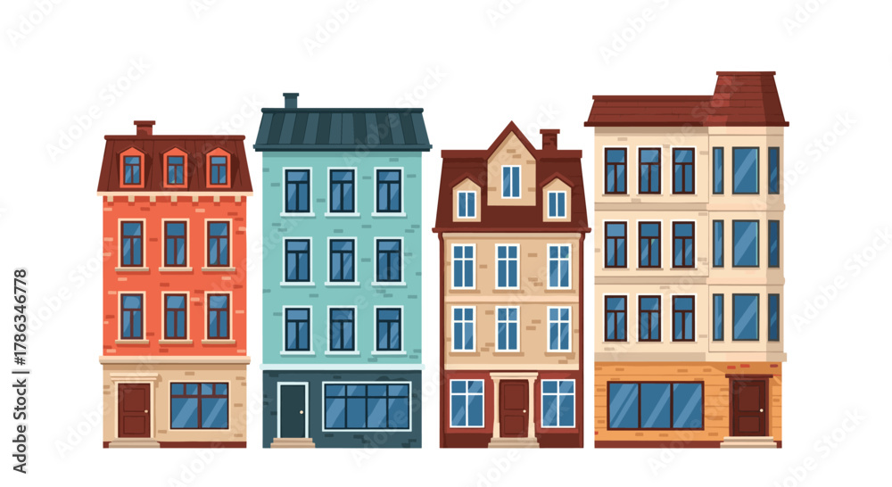 Fototapeta premium Picturesque row of colorful, old-fashioned city buildings with intricate architectural details and ground-floor shops, depicting a charming urban street scene.