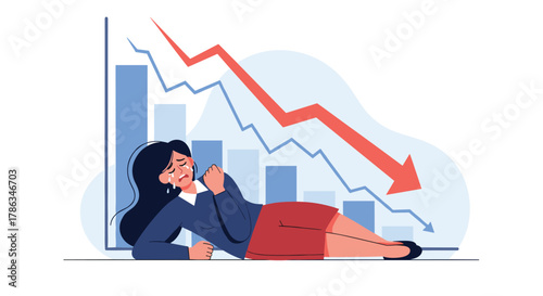 Distraught businesswoman lying on the ground and crying, with a sharp downward-trending financial graph in the background, symbolizing severe economic loss.