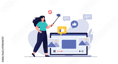 Woman actively engaging in social media, taking a selfie with a smartphone and a laptop displaying online content, symbolizing modern digital influence.