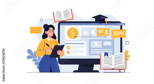Diligent woman engaged in online learning, surrounded by books and a computer displaying educational content, aiming for academic success and skill development.