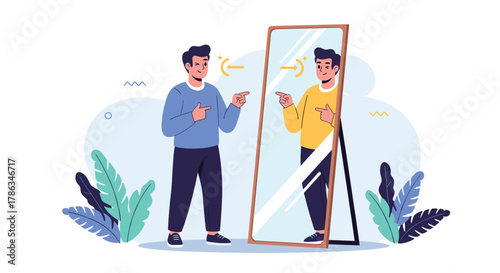 Man confidently pointing at his smiling reflection in a large mirror, symbolizing self-awareness, personal identity, and positive self-perception.