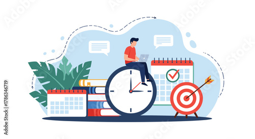 Man working diligently on a laptop while sitting on a large clock, surrounded by calendars and a target, symbolizing effective time management and goal achievement.