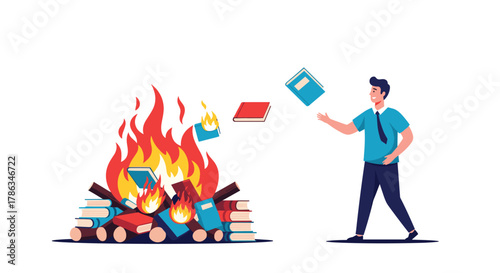 Man deliberately throwing books into a roaring bonfire, a powerful symbol of censorship, the destruction of knowledge, and suppression of free thought.