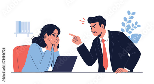 Aggressive boss angrily yelling at a crying female employee sitting at her desk, depicting workplace harassment and a toxic work environment.