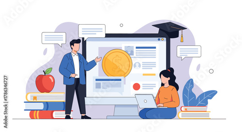 Male mentor instructing a female student on financial education and investment strategies using a large computer screen, books, and visual aids.