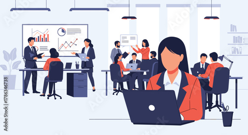 Dynamic and bustling modern office environment where multiple teams of professionals collaborate, discuss, and work diligently on various business projects.