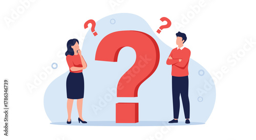Perplexed man and woman stand before a giant red question mark, symbolizing a significant problem, dilemma, or the search for an important answer.