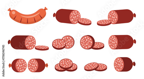 Assortment of various sausages and sliced salami, showcasing different cuts and forms, commonly used in charcuterie boards and meal preparations.