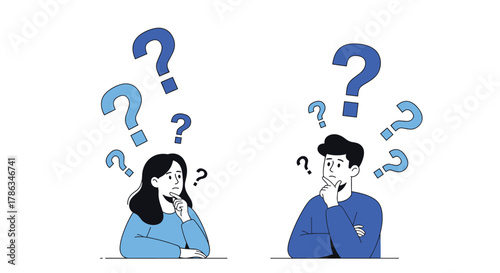 Thoughtful man and woman surrounded by numerous blue question marks, representing a state of confusion, contemplation, and the need for clarity.