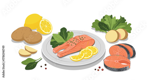 Delicious and healthy meal components featuring fresh salmon fillets, sliced lemons, potatoes, and vibrant green spinach, perfect for a balanced diet.