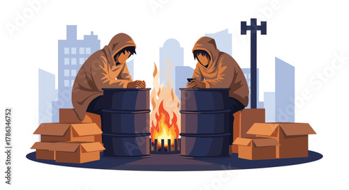 Two homeless individuals huddle around a barrel fire for warmth in a desolate city alley, illustrating the harsh realities of urban poverty and destitution.