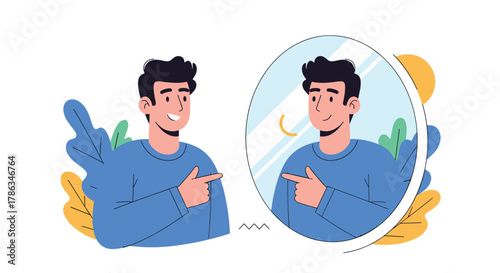 Cheerful man smiling and confidently pointing at his own reflection in a round mirror, emphasizing self-love, positive self-image, and personal confidence.