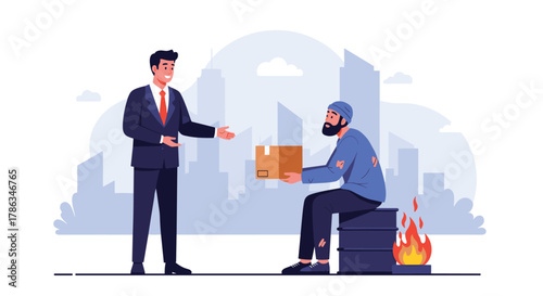 Compassionate businessman extending a package to a homeless man sitting by a fire barrel, symbolizing charity, community support, and generosity towards the needy.
