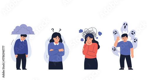 Diverse group of people representing various mental health issues, including depression, anxiety, confusion, and phobias, highlighting modern psychological struggles.