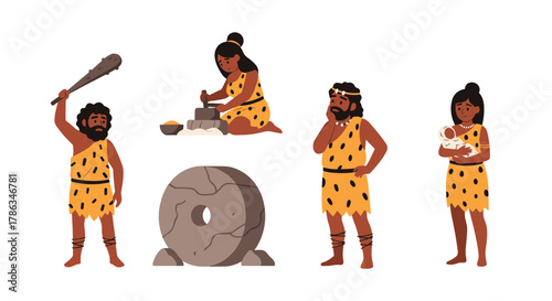 Diverse group of prehistoric cave people, including a hunter with a club, a woman grinding grain, and a mother with an infant, depicting ancient life.