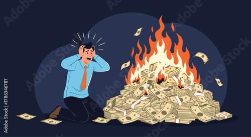 Despairing man watching a huge pile of money burn, symbolizing severe financial loss, economic crisis, investment failure, and personal bankruptcy.