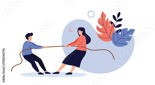 Man and woman intensely engaged in a game of tug-of-war, symbolizing a struggle for power, competition, or a collaborative effort against a challenge.