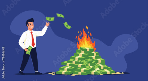 Man casually throwing banknotes into a massive burning pile of cash, symbolizing reckless financial waste, investment loss, or deliberate destruction of wealth.