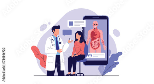 Doctor consulting a female patient, with a smartphone displaying human anatomy, illustrating modern telemedicine, digital healthcare, and virtual medical advice.