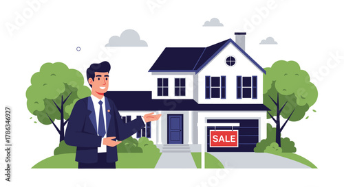 Confident male real estate agent presenting a beautiful suburban house with a "SALE" sign in the front yard, showcasing property sales and homeownership.