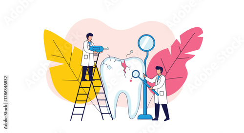Two skilled dentists diligently repairing a cracked tooth using specialized tools and equipment, emphasizing professional dental care and oral health.