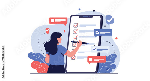 Productive woman diligently completing a digital checklist on a large smartphone screen, symbolizing efficient task management, personal organization, and goal achievement.