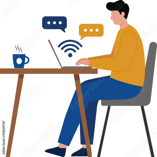 Flat vector illustration of a man working on laptop with coffee and chat icons. Ideal for remote work, freelancing, online communication, home office, and digital workspace concepts.