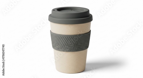 Bamboo coffee cup with grey lid and sleeve on white background.
