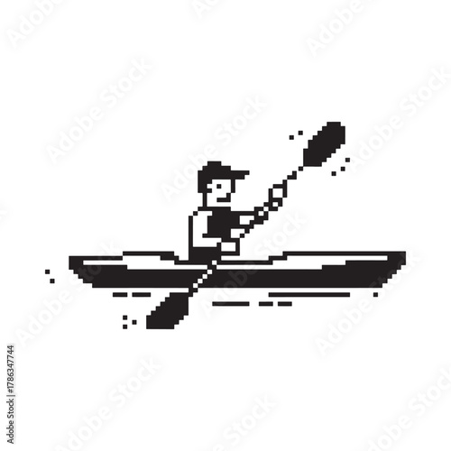 Pixel art kayaker paddling through water