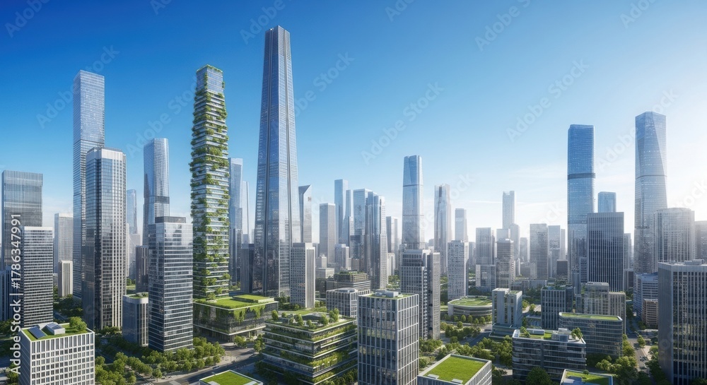 Fototapeta premium A futuristic city skyline featuring modern skyscrapers and green building design under a clear blue sky showcasing sustainable urban development professional stock photography content