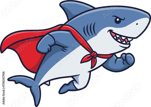 Superhero shark cartoon character with red cape flying underwater, strong ocean animal mascot, cute marine hero illustration on white background