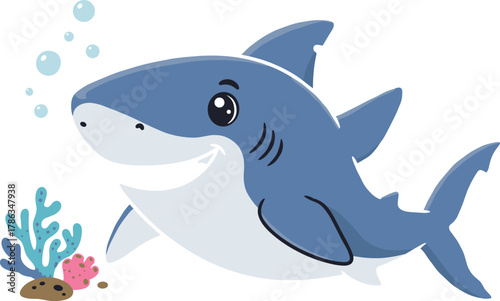 Cute smiling shark cartoon illustration, adorable ocean animal character, underwater marine life art with coral and bubbles isolated on white background