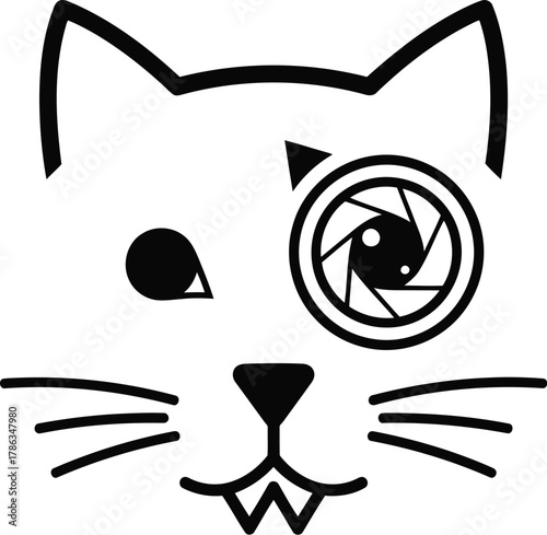 A cat face with a camera lens as an eye