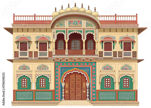 Rajasthani haveli front elevation in clean vector style
