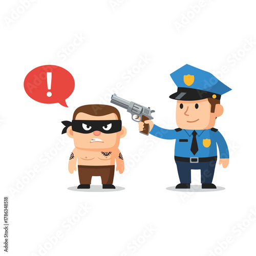 Police officer apprehending a thief at gunpoint, illustrating crime prevention and law enforcement.