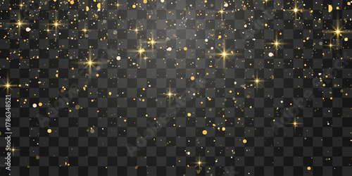 Glitter gold particles shine effect on png background. Vector gold glitter particles effect and texture. Stardust amber particles color on transparent background. Golden explosion of confetti.