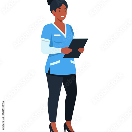 Professional smiling female medical worker in blue scrubs holding clipboard, vector illustration