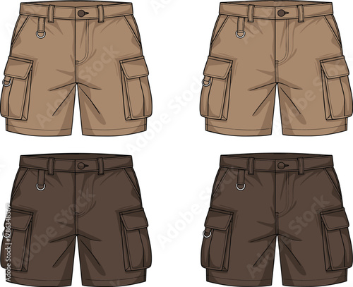 Cargo shorts, belt loop, button closure, flap pockets, D-ring detail, brown tones, men’s fashion, summer wear, apparel flat lay, textile design, clothing mockup