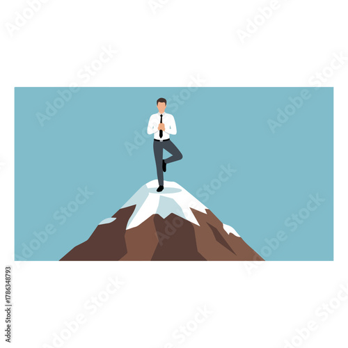 Businessman in suit performing yoga tree pose atop snowy mountain peak, symbol of balance and success