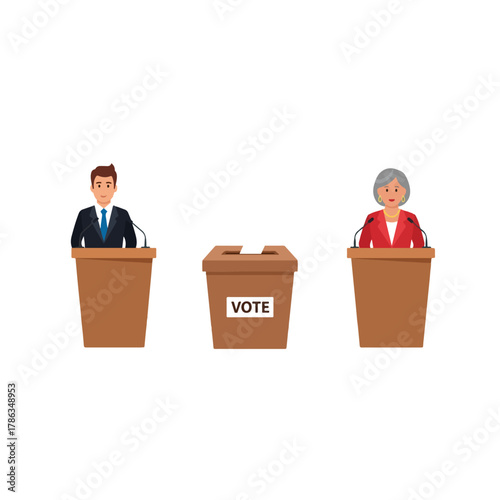 Political candidates debating election issues at podiums, ballot box ready for vote in democracy