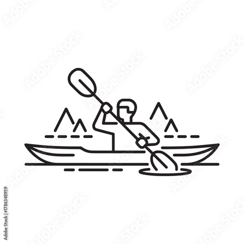 Kayaker paddling on water with mountains in the background line art