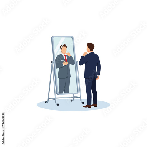 Professional man in a navy suit adjusting his red tie while looking at his reflection in a mirror.