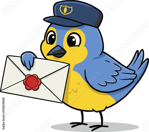 Cute cartoon blue and yellow bird postman holding envelope with red seal, mail delivery concept, adorable messenger character illustration