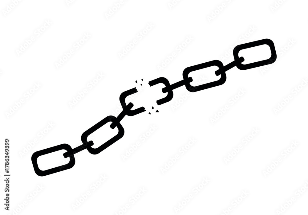 Obraz premium A silhouette of a broken steel chain on a white background. Black symbol of a broken chain. Concept of lost connection.