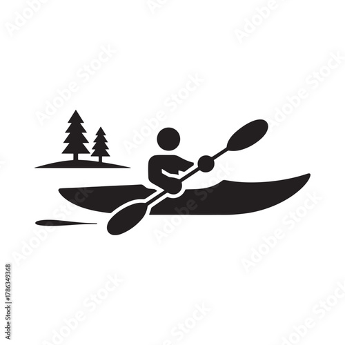 Kayaker paddling on water near trees icon