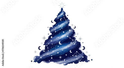 Magical cosmic Christmas tree adorned with constellations, stars, and crescent moons, evoking wonder and celestial holiday spirit